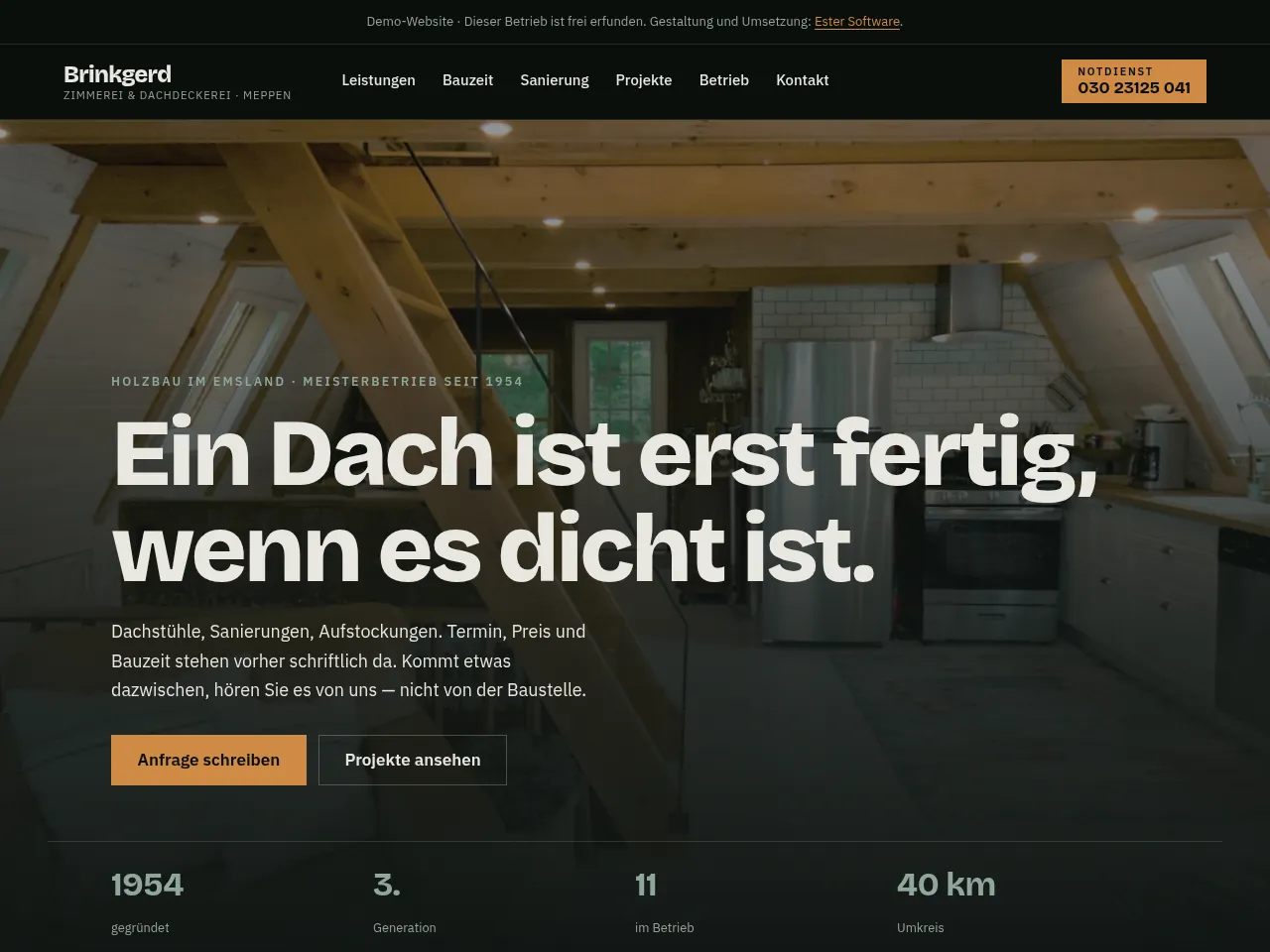 Bildschirmansicht der Startseite von Zimmerei Brinkgerd