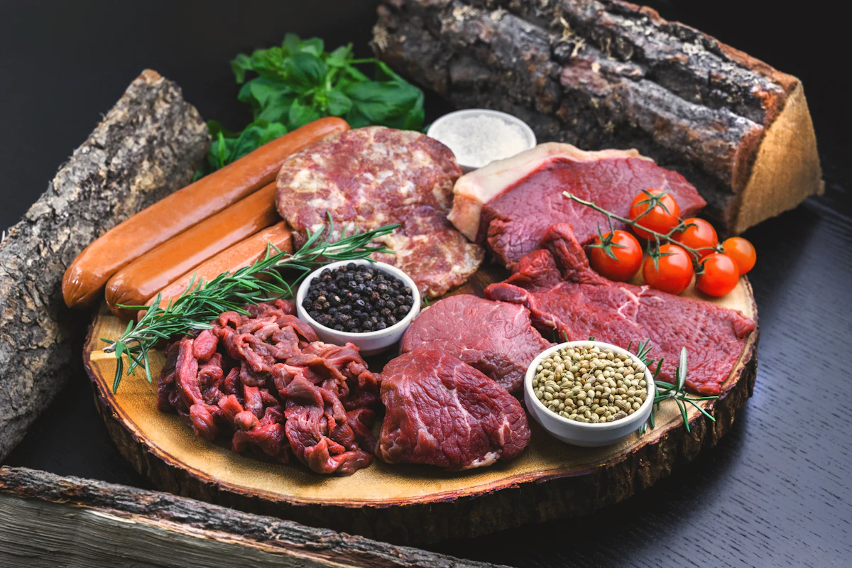 Rohe Fleischstücke, Pfefferkörner und Kräuter auf einem Holzbrett.